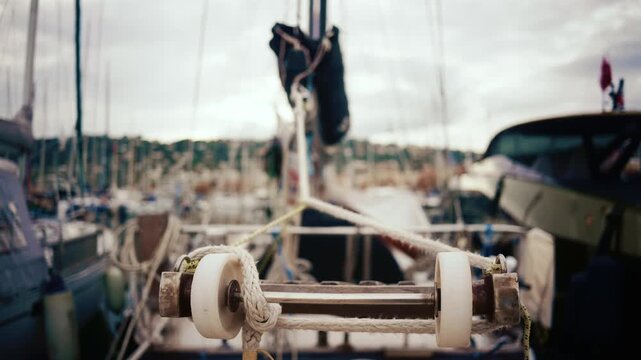 Close up of sailboat rigging and ropes in a marina in the South of France