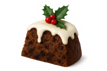 Christmas pudding slice decorated with white icing and holly, celebrating festive holiday season dessert on transparent background