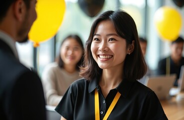 Young asian woman smiles brightly at colleague during office award ceremony. Balloons float above as people watch, celebrating career success. Teamwork makes work feel good.
