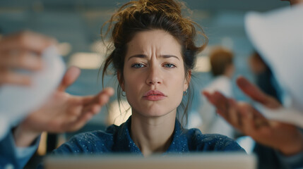 A focused woman in a busy environment looks overwhelmed as multiple hands gesture towards her, highlighting the pressures of modern work life.