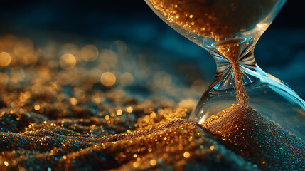 An elegant hourglass captures shimmering sand, with golden grains pouring gracefully, illuminated by soft bokeh lights in a dreamlike ambiance.