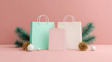 Christmas shopping bag with pine cones and pink baubles. 