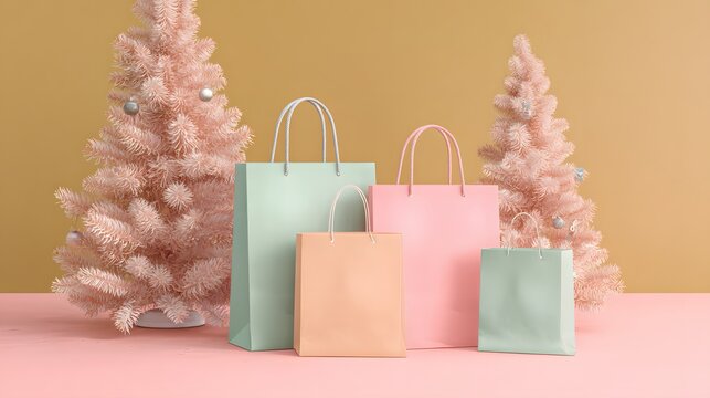 Christmas shopping bags and a Christmas tree on a pastel background - Powered by Adobe