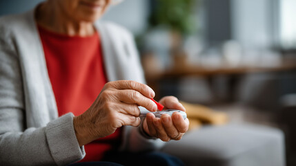 Faceless elderly hands using blood glucose meter diabetes test monitoring finger medical device healthcare measurement closeup blood sugar checking defocused home background