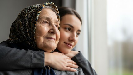 Elderly woman and young woman embracing near window