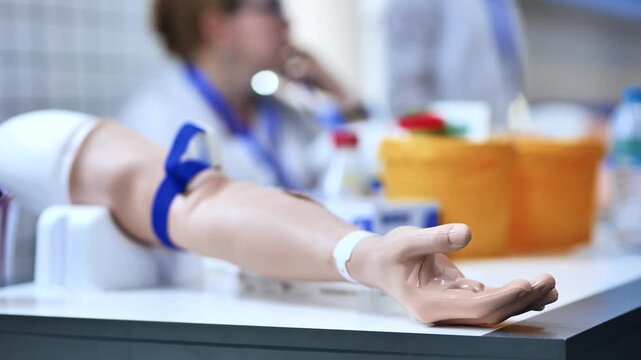 Medical training arm mannequin with tourniquet for phlebotomy education demonstrating skills