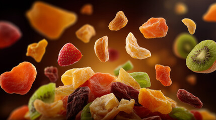 Assortment of dried fruits floating against a dark background