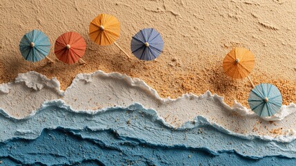 Colorful cocktail umbrellas on abstract sand beach with blue waves
