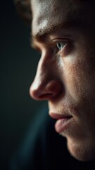 Fototapeta premium A close-up portrait of a person in silence, sitting alone in a dimly lit room, with a single light falling across their face, eyes in shadow. The emotion is composed, resolved.
