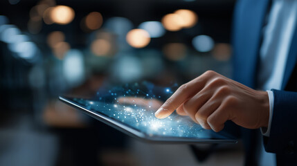 Faceless specialist hands on smart tablet device performance monitoring interface financial technology platforms payments digital banking automation analytics innovation