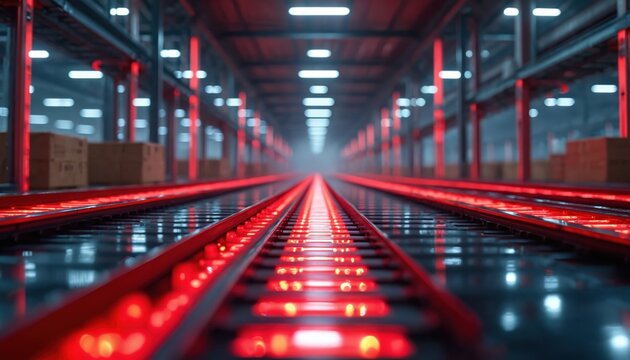 Automated warehouse with glowing red conveyor belts transporting goods. High tech industrial storage facility with organized rows of packages, showing modern logistic network efficiency, advanced - Powered by Adobe