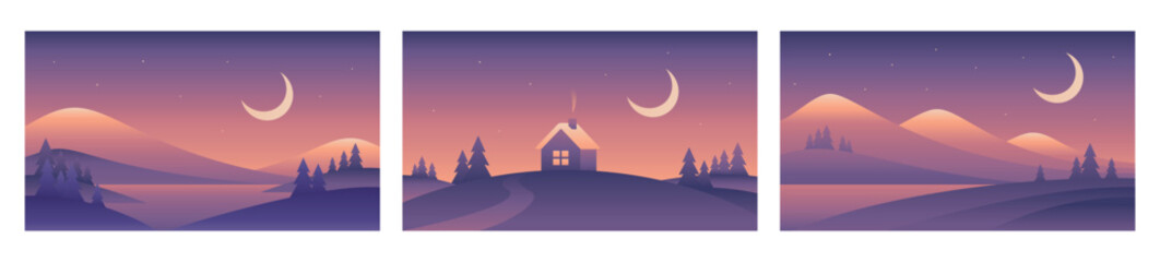 Obraz premium Minimalistic night landscape illustrations. Vector gradient images in purple colors