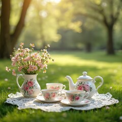 Fototapeta premium Tea set with floral pattern sits on grass in a park. Delicate pink flowers in vase on table. Enjoying pleasant sunny spring afternoon with warm light.