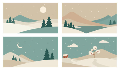 Obraz premium Set of minimalistic winter mountains landscapes. Vector design in Scandinavian style