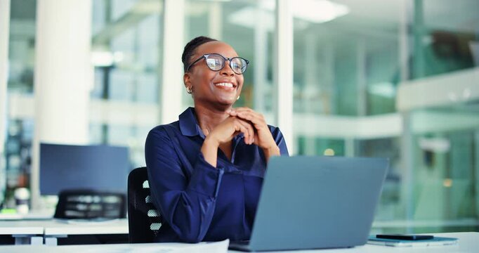 Media agency, thinking and black woman with laptop, funny and planning for submission. Person, laughing and employee in office, pc or research for news report, decision or idea for online publication