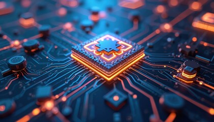 Close-up circuit board with glowing processor chip and orange light trails. Digital microchip, complex wiring, and electronic components glow.