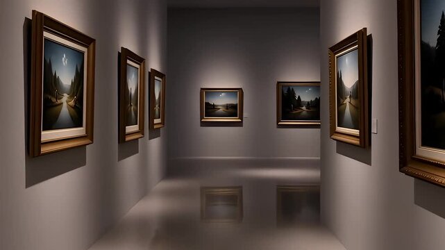 Slow tracking shot through an art gallery with soft light and empty walls displays various artwork without visitors or crowds
