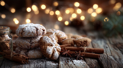 Flatlay of Christmas cookies with powdered sugar, gingerbread, cinnamon sticks, warm fairy lights bokeh, rustic wooden background, high-detail 8k photography for holiday images