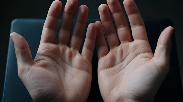 Hands slowly unclenching and relaxing, releasing stress and tension in a moment of calm