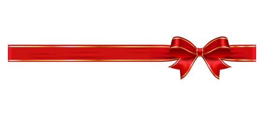 Red ribbon with bow on right gold trim band, glossy vector banner element for vouchers, promotional designs, gift packaging and holiday layouts