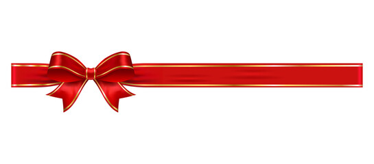Red ribbon with bow on left gold trim band, glossy vector element for invitations, scrapbooking, greeting layouts and festive holiday decor