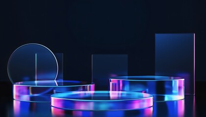 Modern abstract 3D composition showing transparent glass podium shapes glowing with neon blue and purple light on a dark background. Ideal for product presentation and branding.