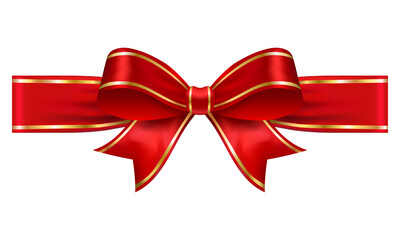 Red satin bow with short gold trim ribbon, glossy vector gift wrap element for branding tags, packaging boxes and festive holiday designs