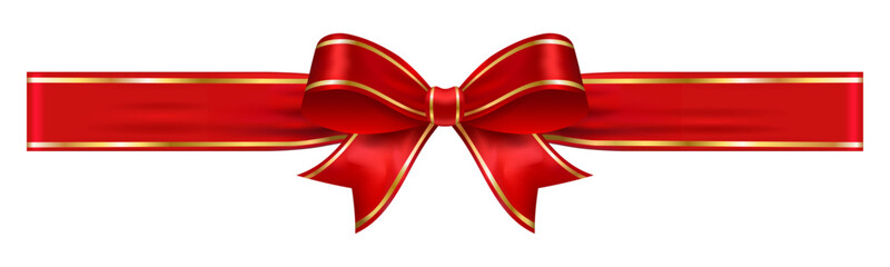 Red glossy bow with medium gold trim ribbon, decorative vector element for greeting cards, gift packaging, holidays and celebration layouts