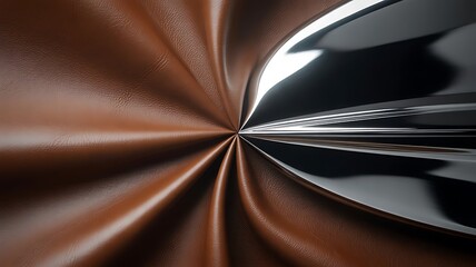 Abstract swirl of rich brown leather texture meeting a highly reflective black chrome surface creates dynamic contrast and depth