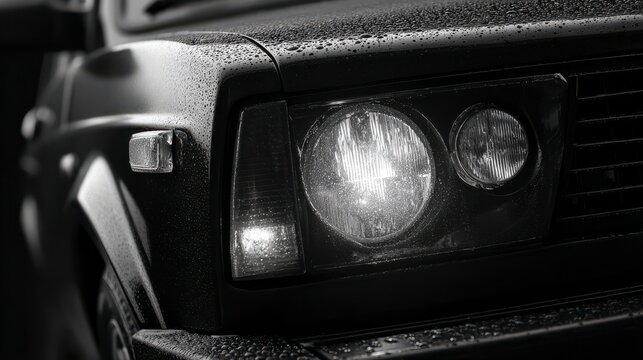 Vintage Car Headlight: A close-up, monochromatic shot spotlights the sleek headlight of a classic automobile, highlighting its vintage charm.