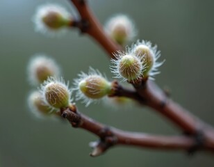 Fototapeta premium Macro view of alder tree buds showing delicate fuzzy texture against soft grey background. Tiny green buds swell on brown branch, signalling fresh new life beginning in springtime nature.