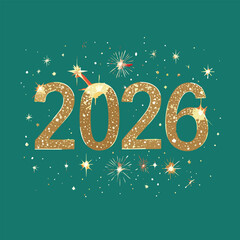 Happy New Year 2026 beautiful sparkling design of numbers and stars on bright green background. Modern winter holiday greeting banner, poster or greeting card.