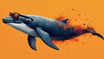 Stylized whale wears stylish sunglasses on bright orange backdrop. Aquatic creature exhibits cool attitude, fun vibe, splash of colors. Marine animal graphic art with unique design.