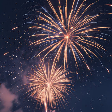 Multiples feux d'artifice dor&eacute;s et blancs illuminant le ciel nocturne sombre en bouquet festif explosif.
