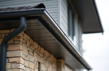 Modern house exterior detail showing dark brown rain gutter system on stone facade and vinyl siding. Downspout directs water away from foundation.