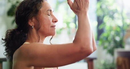 Woman, meditation and yoga for fitness at house with mindfulness, spiritual healing and zen. Mature person, namaste pose and yogi with holistic balance, inner peace and technique for self care goals
