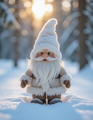 A whimsical snowman figure stands in a snowy forest. The gnome has a white hat, fluffy beard, and a cozy outfit. Sunlight filters through the trees.