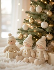 Three soft, handmade dolls in winter attire sit near a decorated Christmas tree. The scene is cozy and festive, with warm lighting and holiday decorations.
