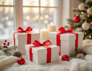 Three white gift boxes with red ribbons sit on a cozy blanket near a window. Candles and Christmas decorations are visible in the background.
