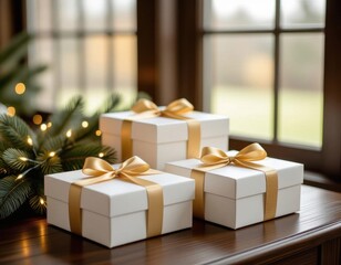 Three white gift boxes with gold ribbons are arranged on a wooden table. A green pine branch and soft natural light from the windows enhance the festive atmosphere.