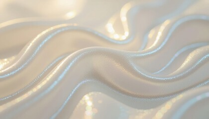 A close-up view of soft, flowing white fabric with a shiny surface. The fabric has gentle waves and a smooth texture, creating an elegant appearance.