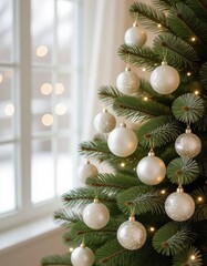 A decorated Christmas tree with white ornaments and warm lights. The background features a window with a snowy landscape outside.