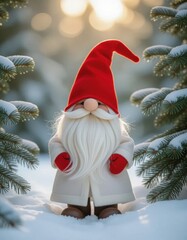 A whimsical gnome stands in a snowy forest. The gnome has a red hat, white beard, and a cream-colored coat. Snow-covered pine trees surround the scene.