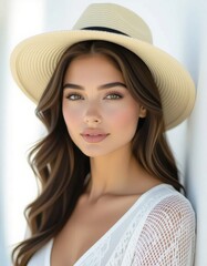 A young Caucasian woman with long brown hair wears a wide-brimmed straw hat. She has a natural makeup look and a serene expression, standing against a light background.