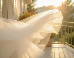 A sheer white curtain billows gently in the sunlight on a balcony. Flower pots with blooming flowers are visible in the background, creating a serene atmosphere.