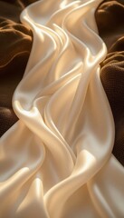 A close-up of flowing satin fabric in cream and brown colors. The texture creates soft waves and highlights the sheen of the material.