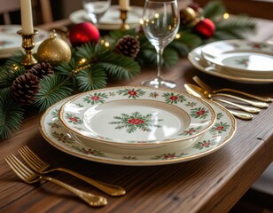 A beautifully set dining table with elegant plates, gold cutlery, and festive decorations. Pine branches, ornaments, and candles create a warm holiday atmosphere.