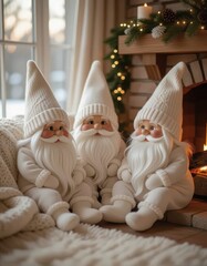 Three decorative gnomes with white beards and hats sit on a cozy blanket near a fireplace. The scene is warm and festive, perfect for winter decor.