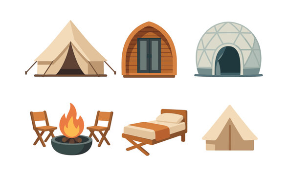 Camping and lodging options, tents, cabins, igloos, flat vector illustration