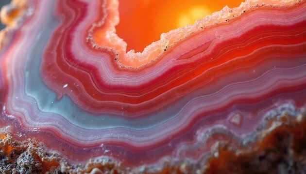 Close up cross section of red and orange agate geode with banded layers and rough outer texture. Natural mineral formation with vibrant colors and intricate patterns.
